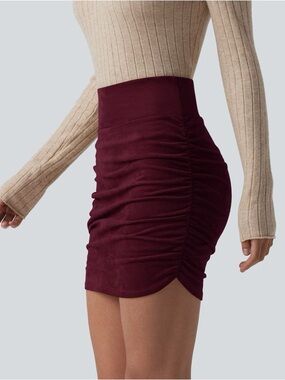 Halara High Waisted Tummy Control Ruched Curved Hem  2-in-1 Suede mini skort